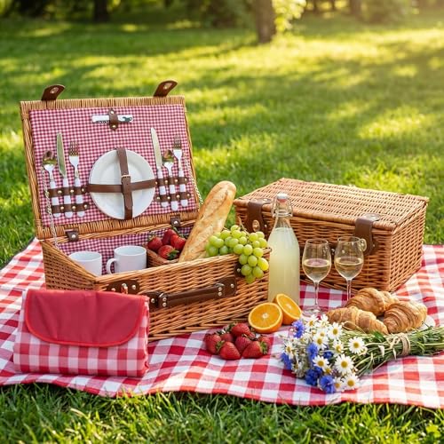 Image of Multifunctional Wicker Picnic Basket Set for 2 Adults with Picnic Table and Blankets,Large Insulated Picnic Set with Wine Pouch and Full Tablewares for Camping Outdoor Couples Beach Wedding,Pink