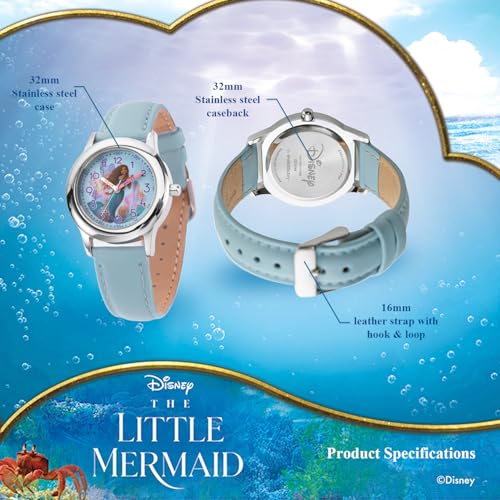 Disney Little Mermaid Watch for Girls Age 4–7 Featuring Ariel – Ideal Princess Gift for Kids Learning Time – Easy-Read Character Dial, Silver Bezel, and Comfortable Blue Leather Strap3
