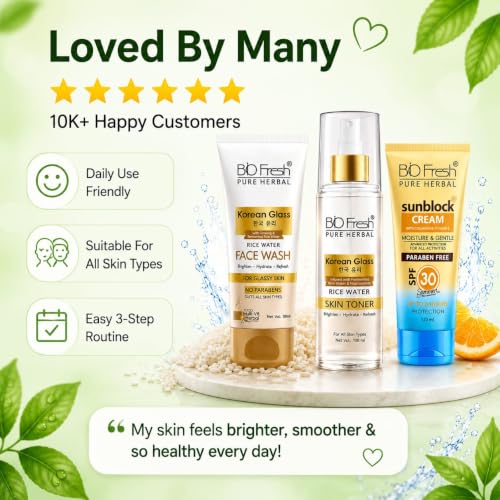 Image of BIOFRESH Korean Glass Skin Care Combo Kit | Rice Water Face Wash + Rice Water Toner with Niacinamide + SPF 30 Sunscreen | Brightening, Hydrating & Sun Protection Routine | Daily Skincare Set for Women & Men