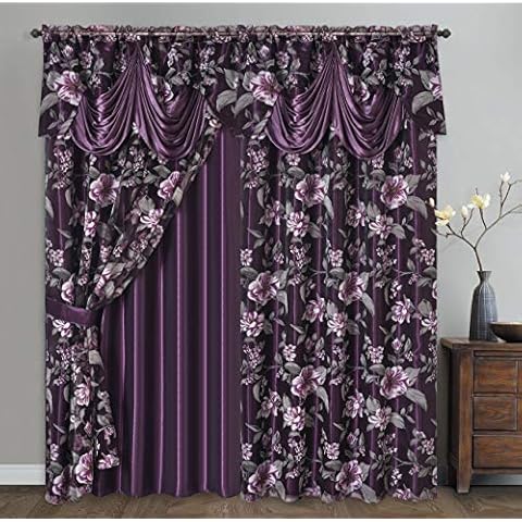 GOHD Roman Romance. Burnt-Out Printed Organza Window Curtain Panel Drape with Attached Fancy Valance and Taffeta Backing (Purple, 55 x 84 inches + Attached Valance x 2pcs) Cover