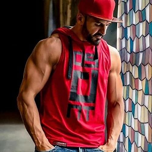 Image of HOT BUTTON Men's Hooded Tank Top | Slim Fit Sleeveless Gym Bodybuilding Stringer | Quick Dry Sports Training Vest Graphic Printed Hoodie for Men