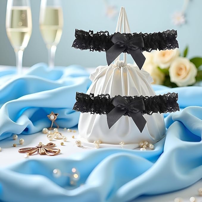 2pc Black Garter Belt with Bowknot, Bridal for Bride Classic Handmade Stretch Toss Party Accessories for Women Girls