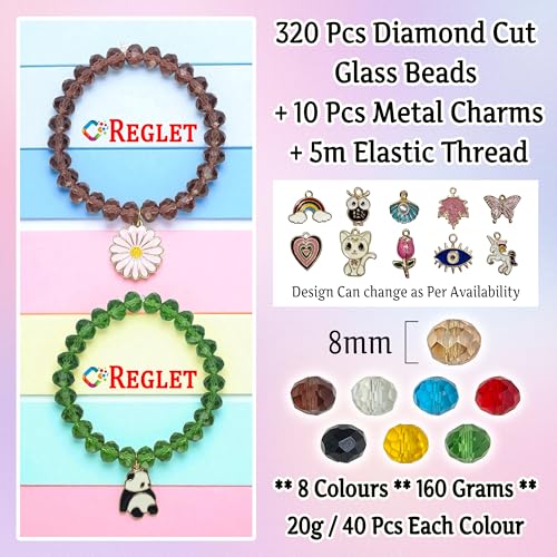 Image of 10 Pcs Charms + 320 Pcs Diamond Cut Glass Beads for Jewellery Making Kit - Glass Beads for Bracelet Making Kit - Bead Craft - 8 mm