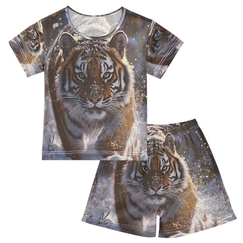 ALAZA Tiger Winter Snowflake Pajamas Set Short Sleeve Cotton Sleepwear Summer Pjs 2 Piece 5-14Y