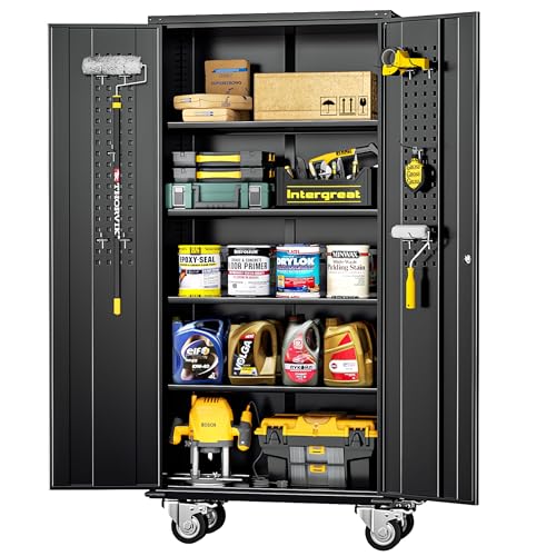 Image of INTERGREAT Rolling Metal Cabinet with Wheels, 72 inch Locking Storage Cabinet with Adjustable Shelves, Large Capacity Pulley Cabinets for Home Office, School, Warehouse(Black)