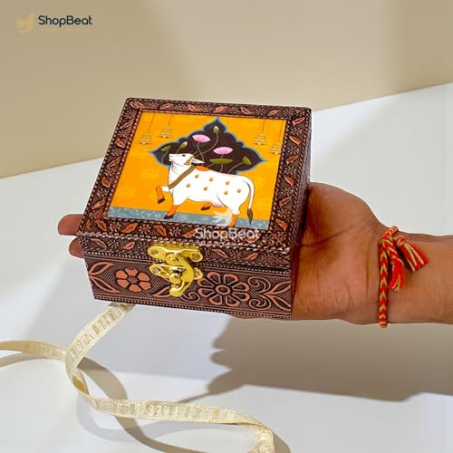 Image of Handcrafted Wooden Jewellery Box with Copper Finish (4 x 4 in) Pack of 10 | Copper finish Oxidized Pichwai Cow Design| Decorative Organizer for Women | Wedding Festive Gifting | Marigold Gold