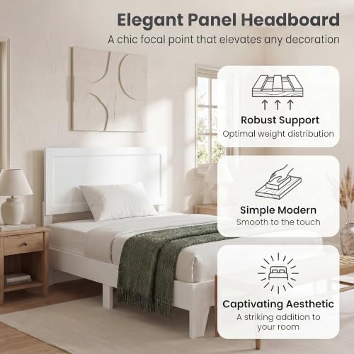 Image of GIANTEX Twin Size Wooden Bed Frame with Headboard, Wood Slat Support | Modern Platform Bed with Heavy Duty Mattress Foundation, Under-Bed Storage, No Box Spring Needed, Easy Assembly (White)