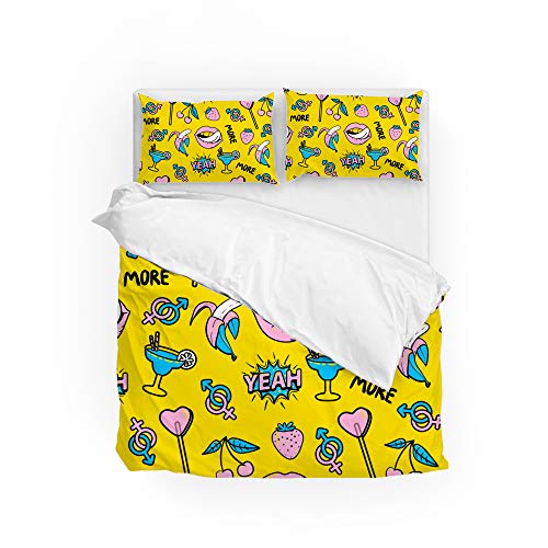 Housse de couette anti-plis en polyester durable et taie d'oreiller jaune