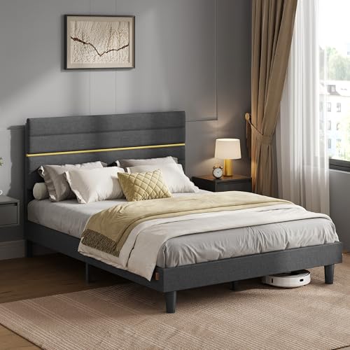 VASAGLE Lit Double, Cadre de Lit, Convient pour Un Matelas de 140 x 190 cm, Tête de Lit Rembourrée...