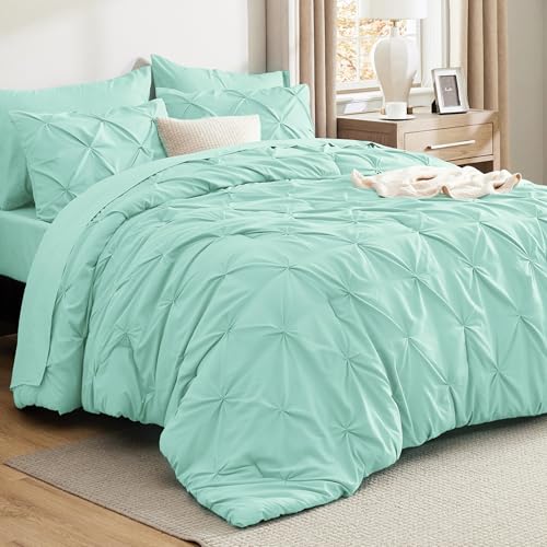Image of Bedsure Full Comforter Set Mint Green - Bed in a Bag Full Size Bedding Set 7 Pieces, GentleSoft Pintuck Bed Set Gift for Family, All Season Down Alternative Comforter with Sheets, Pillowcases & Shams