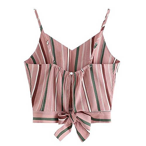 TOPUNDER Women's Casual V Neck Vest Stripe Tank Tops Seft Tie Back Crop Cami Camisole Shirt Pink