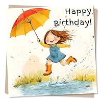 Cute Happy Birthday Card For Girl - Splash, Wellies, Umbrella, Joyful - For Granddaughter, Niece, Daughter, Sister