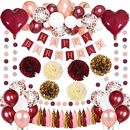 Birthday Decorations for Women Pink Birthday Party Decorations with White Balloons Happy Birthdays Banner for Bachelorette Wedding Lady 30th 40th (Burgundy)