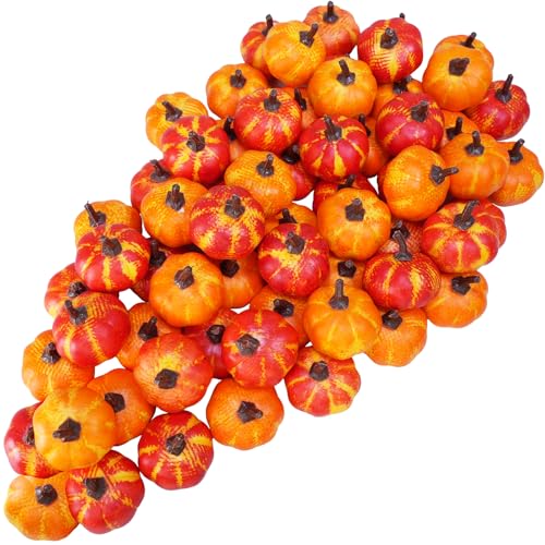 Winlyn 64 Pcs Mini Fall Artificial Harvest Pumpkins Orange Faux F...