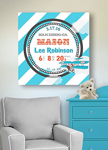 Personalized Stretched Canvas Birth Announcement Gift, Custom Baby Name, Date, Weight Stats, Newborn Airplane Nursery Wall Art Decor, Wooden Frame Construction, Ready to Hang 16X16