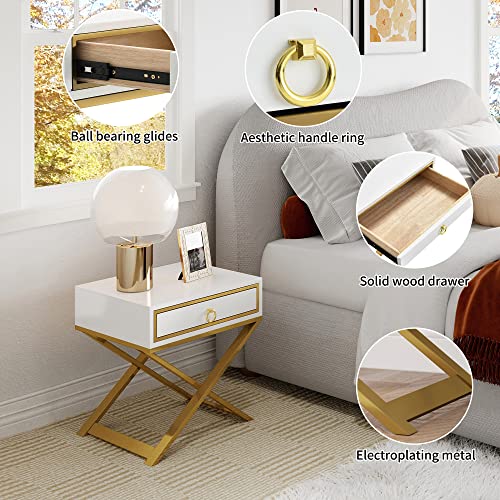 DWVO Modern White Nightstand with Drawer Solid Wood Small Bedside Table Gold Metal Frame Fully Assembled End Table for Living Room Bedroom