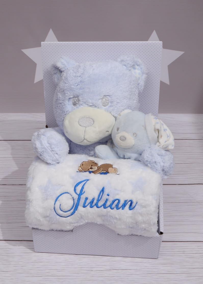 BotoBaby Maxi Geschenk-Set Babydecke mit Namen und Datum Bestickt + Plüschtier + Schmusetuch 3-Teiliges Set