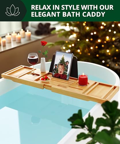 ROYAL CRAFT WOOD Bathtub Tray Caddy for Tub, Bamboo Bath Shelf, Premium Foldable Wood Bath Table, Expandable Bathtub & Bathroom Accessories, New Home Gifts for Mom, Housewarming, Anniversary, Wedding