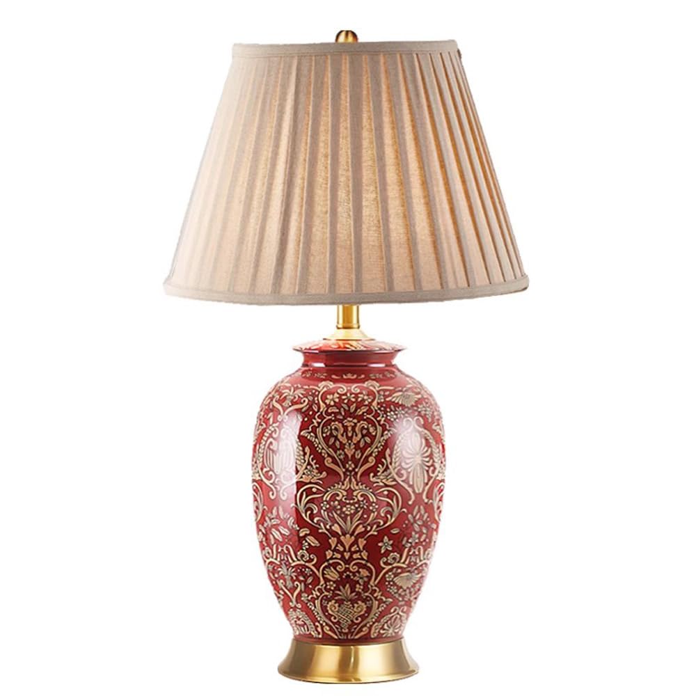 SANBDDLYY Vintage Chinese Style 25" Tall Red Glazed Ceramic Table Lamp Pleated Fabric Shade - Desk for Living Room, Bedroom, Home Office, and Nightstand