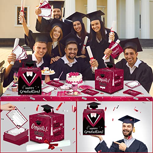 Image of Funrous Large 2026 Maroon and Black Graduation Card Box with 30 Pcs Advice Card Gift Money Box Congrats Grad 3D Cap Top Holder Class of 2026 Party Decorations College Graduation Supplies