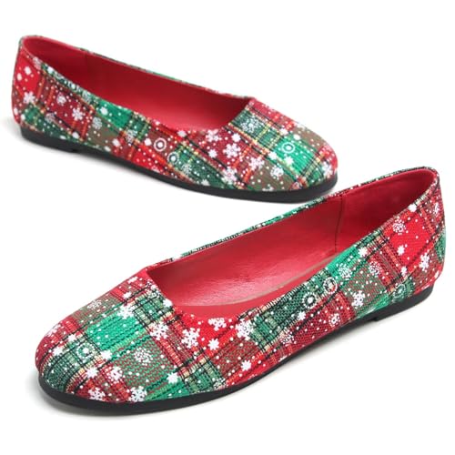Hee grand Christmas Shoes for Women Pointed Toe Plaid Snowflake Flat Shoes Comfortable Slip on Flats Red/Green Shoes for Christmas2
