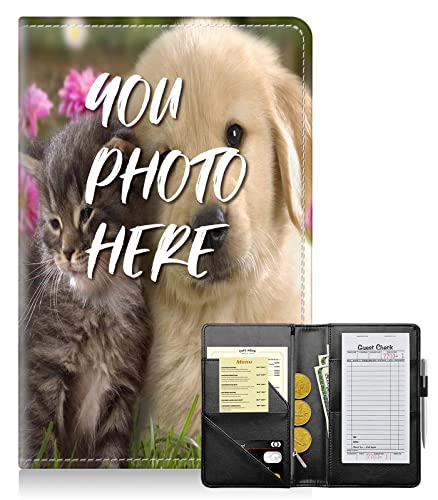 Add Your Own Photo Server Books for Waitress,Personalized Leather Waiter Book Server Wallet with Zipper Pocket,Guest Check Book Waitstaff Organizer with Money Pocket Fit Server Apron