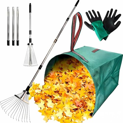 RISETEX Leaf Rake for Lawns with 53 Gallon Dustpan-Type Leaf Bags,Heavy Duty Metal Garden Yard Rake Long Handle with Expandable Head 7-14' for Gardening Outdoor Camping Shrub Grass Bush Weed