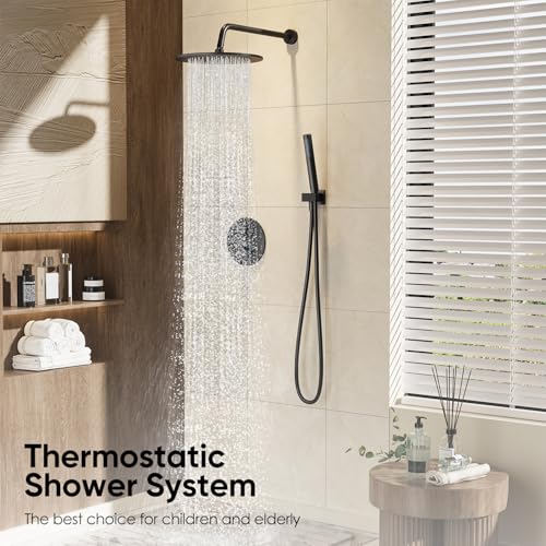 Image of Gabrylly Thermostatic Shower Faucet Set, All Metal Shower System with Anti Scald Shower Valve, High Pressure 10 inch Rain Shower head with Handheld Spray Combo, Matte Black
