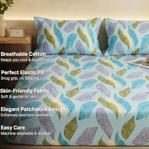 Image of VAS COLLECTIONS King Size Cotton Fitted Bedsheet (78 x 72 + 14 Inches) with Deep Pocket | 220 TC Soft Breathable Wrinkle Free Elastic Bed Sheet for King Mattress | (Green & Sky)