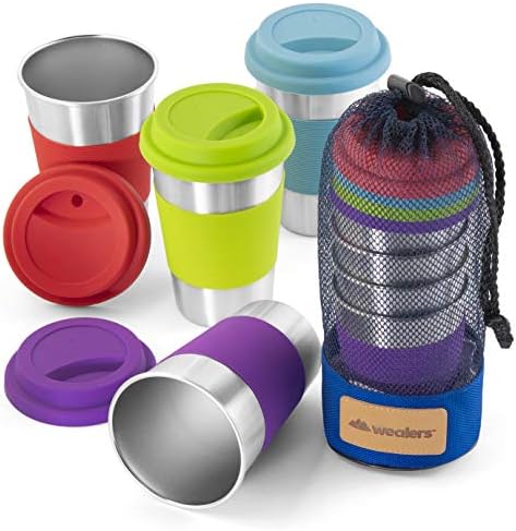 Stainless Steel Cup Tumbler Set Cold Drink Cups Good for Drinking Beer Water & Soft Drinks Comes with Blue Mesh Carry Bag for Camping Backpacking Picnic Outdoors (12oz)