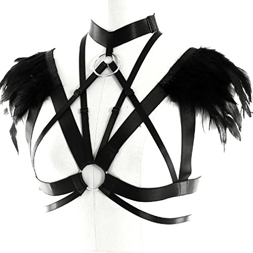 Womens Feathers Harness Bra Epaulette Shoulder Wings Women Festival Rave Gothic Punk Body Plus Size Black - Image 5