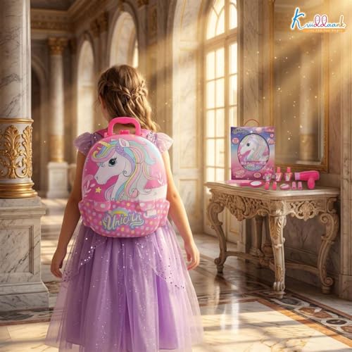 Image of Unicorn Backpack Dressing & Makeup Gift Set for Kids - 2-in-1 Portable Trolley Pretend Play Vanity Kit with Electronic Hair Dryer & 13 Accessories - Ideal Birthday Gift for Girls 3+ Years