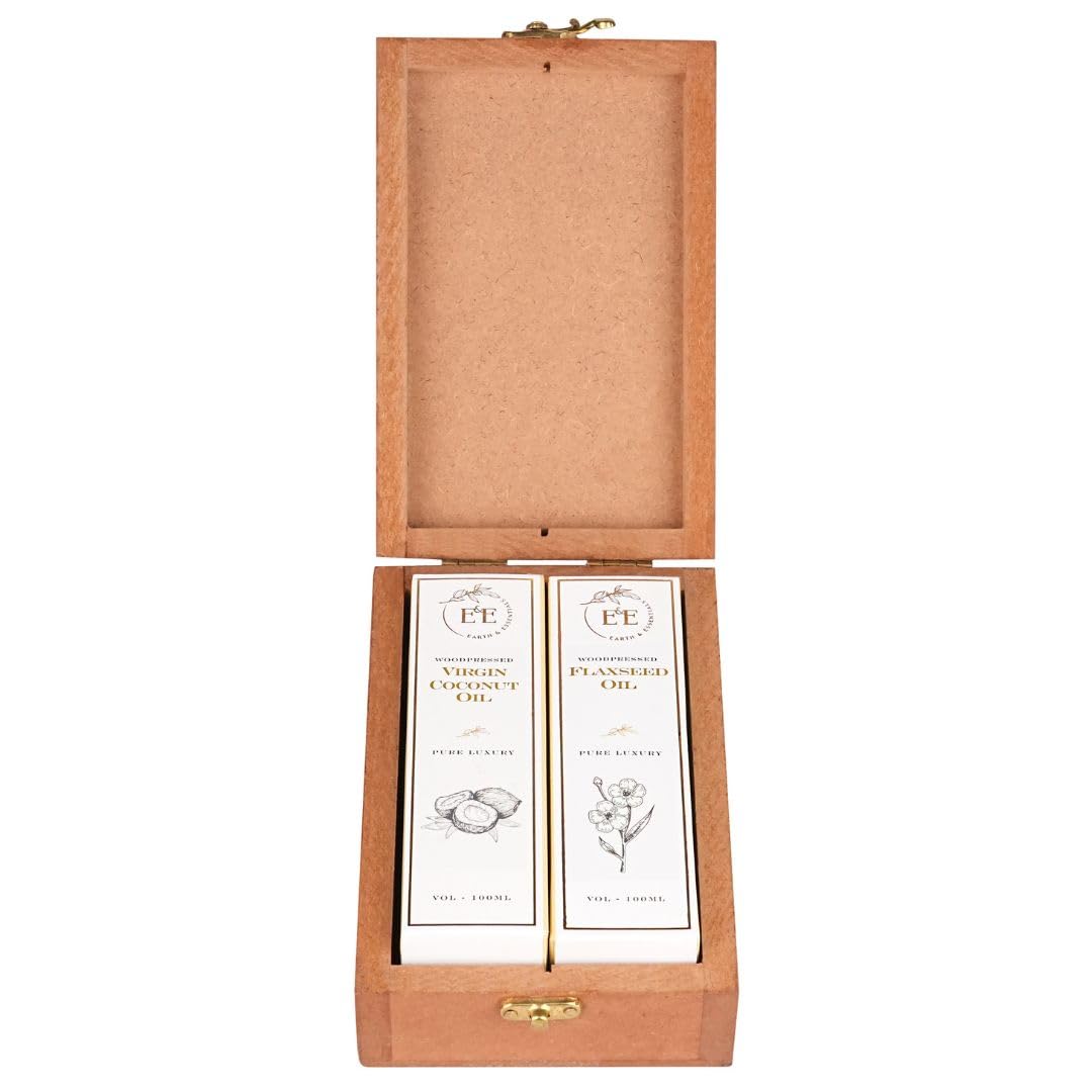 Earth and Essentials Luxury Oils Gift Set (100 ml x 2) | 100% Pure Woodpressed Flaxseed & Virgin Coconut Oil | Premium Wooden Box Pack | Personal & Corporate Gifting | Skincare, Baby Massage & Cooking-image-47