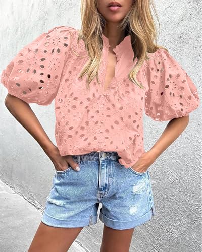 BETTE BOUTIK Women's Long Short Sleeve Tops 2025 Dressy Casual Button Hollow Out Lace Embroidered Blouses Shirts