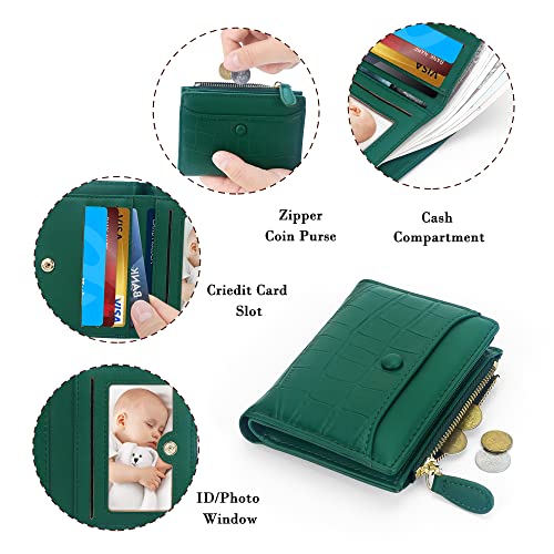 Small Wallet for Women, Leather Compact Bifold Womens Wallet with Zipper Coin Purse (Stone Pattern, Dark green)3