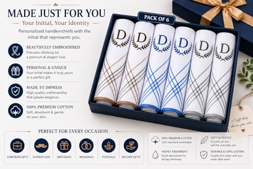 Image of ANTONIA Men's Initial Alphabet Handkerchiefs | Premium Cotton Personalized Hankies with Letter Embroidery (A-Z) | Soft, Absorbent & Reusable | Formal, Wedding & Gift Use | Pack of 6