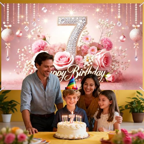 Image of Nuxovilar 7th Birthday Banner - Elegant Pink & Gold Floral Backdrop