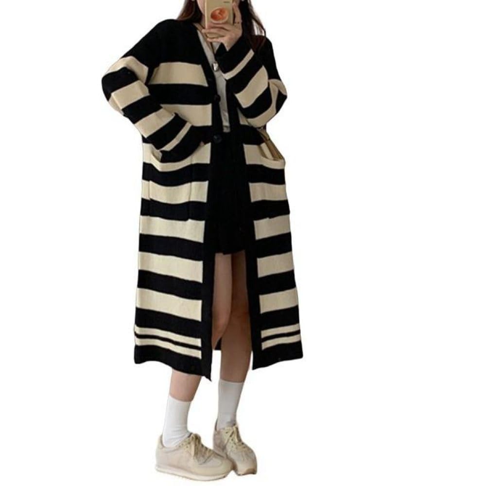 Cárdigan Largo para Mujer, Cárdigan Largo de Punto con Rayas Vintage, Botones Delanteros Abiertos, Cuello En V, Suéter, Abrigo, Chaqueta de Punto Holgada Y Cálida para Otoño E Invierno.