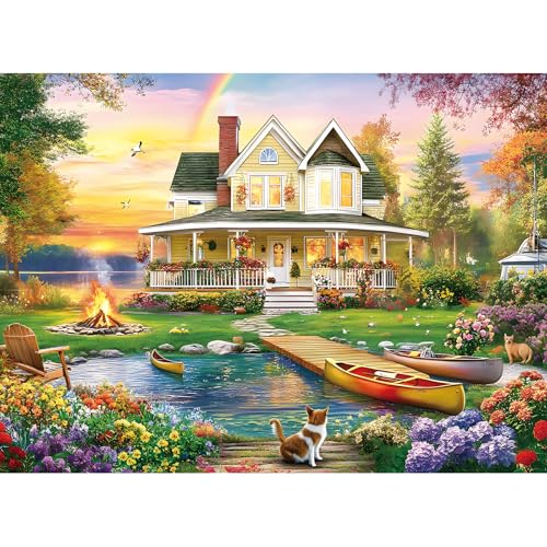300 Piece Puzzle for Adults, Jigsaw Puzzle, Lakeside Villa with Cat and Garden, Family Kids and Adults Fun Gift, 20.5x15 in