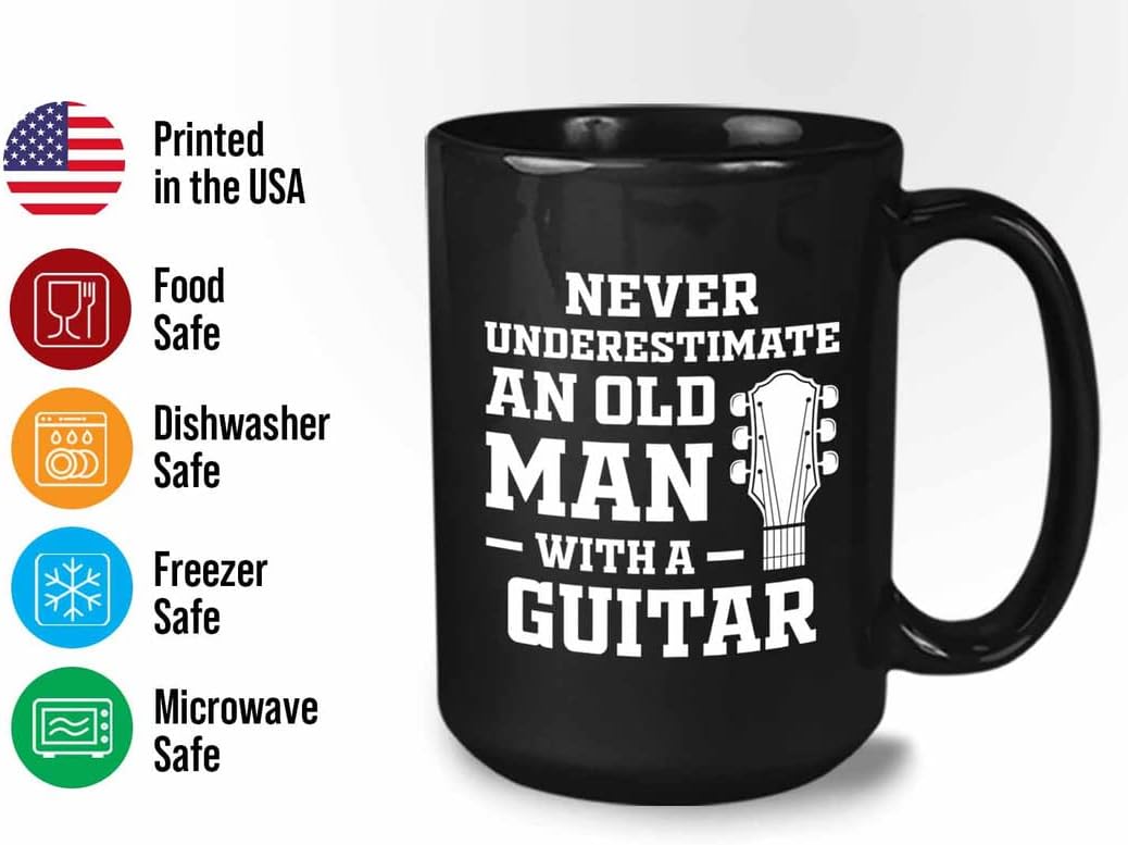 Bubble Hugs Never Underestimate Coffee Mug 15oz Black - Old Man with a Guitar - Man Religious Women Coworker Student Cycling Christian Granfather Music Lover Atheletes Medical Healthcare