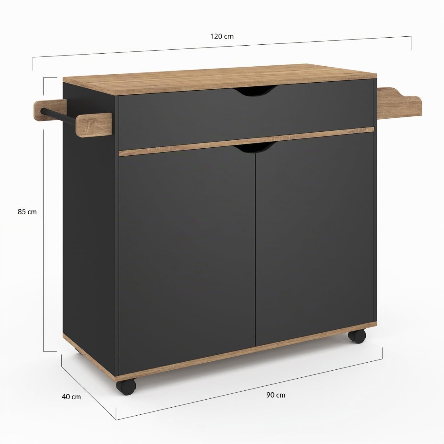 IDMarket - Küchenwagen COSY XXL Schrank mit schwarzer Schublade und Buchenholzplatten B.90 CM