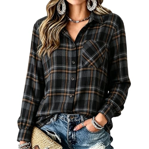 Button Down Shirts for Women Long Sleeve Plaid Stand Collared Tunic Blouses - image 1