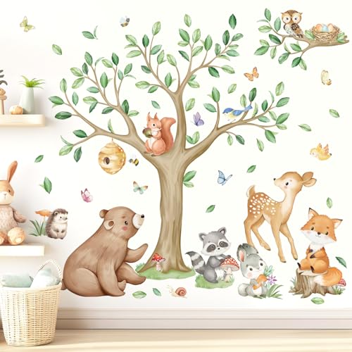 wondever Stickers Muraux Animaux Forêt Arbre Autocollants Muraux Mural Stickers Animaux des Bois Ours Cerf Renard pour Chambre Enfants Bébé Pépinière