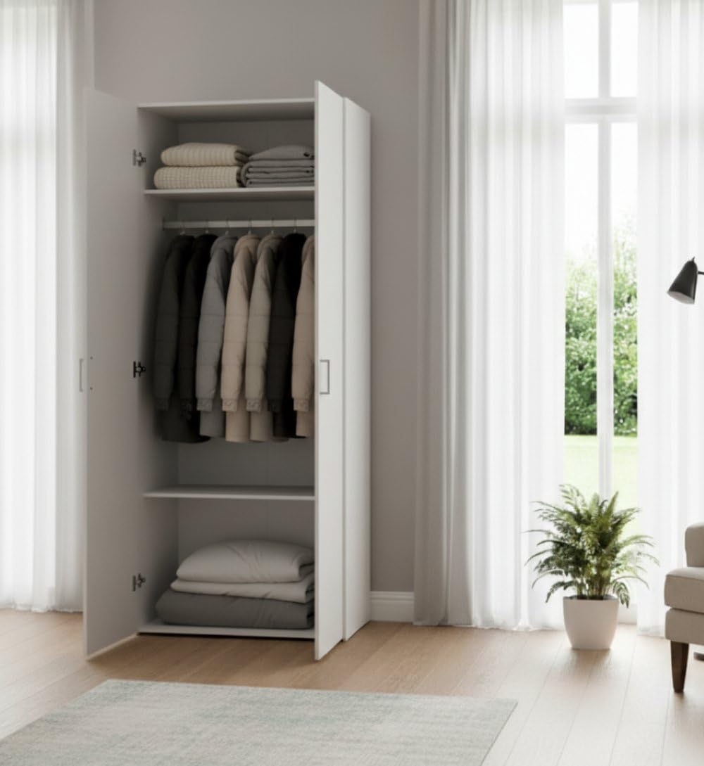 Dmora Armadio Guardaroba Ante battenti con Due Ripiani Interni e Barra Appendiabiti, Colore Bianco, cm 77 x 175 x 49, 3