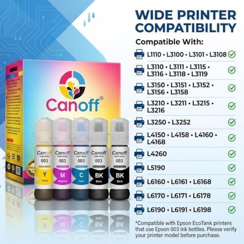 Image of CANOFF Compatible Epsan 003 Ink Bottle Refill | Spill-Free Easy Refill | High Page Yield | Compatible with Epsan EcoTank L1110, L3110, L3150, L3210, L3250 & L5190 Printers Set (4 Color + 1 Black)