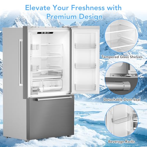 Image of Electactic 20.3 Cu. Ft. French Refrigerator, 3-Door French Door Refrigerator with Built-in Ice Maker, Digital Temperature Control with Bottom Mount Freezer Drawer for Kitchen Commercial-Grey