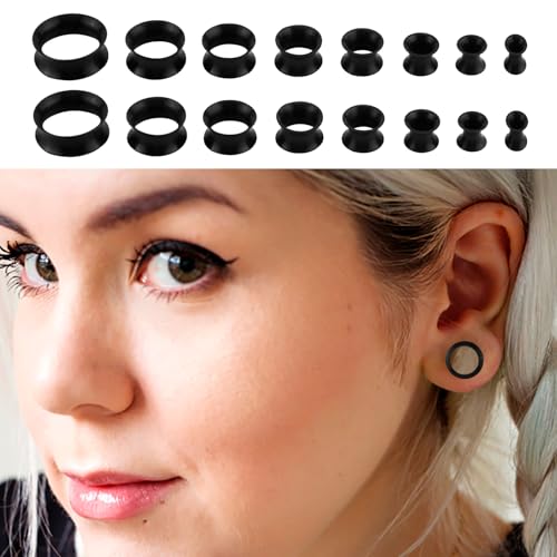 16 Stück Weich Silikon Tunnel 6mm - 20mm, Ohrdehner Plug Piercing Expander Set, Sicher und Flexibel für Frauen & Männer (Schwarz)
