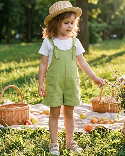 Image of HINTINA Toddler Girl Overall Shorts Set Adjustable Loose Jumpsuit Short Sleeve T-shirt Vacation Summer Outfits with Pockets