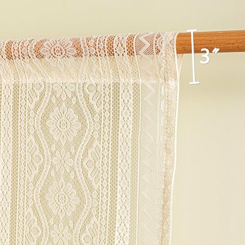 Image of MYSKY HOME Beige Lace French Door Curtains 40 inch Long 2 Panels Boho Sheer Floral Curtains for Door Window Scalloped Doorway Sidelight Curtains Come with 2 Matching Tie-Backs, 26 inch Wide Each Panel