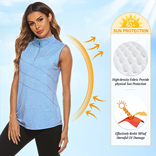 Koscacy Golf Polo Shirts For Women Sleeveless,Workout 1/4 Zip Up Summer Tank Top Stand Collar Polo Golf Shirts Moisture Wicking Fastness Clothes Light Blue Medium #TOP2